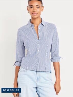 Women's Blue & White Stripe Slim Fit Button-Down Shirt